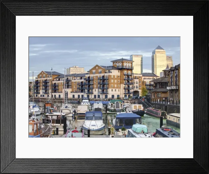 Framed Print : England, London, Tower Hamlets, Limehouse Basin with Canary Wharf buildings in background Framed Print : England, London, Tower Hamlets, Limehouse Basin with Canary Wharf buildings in background
