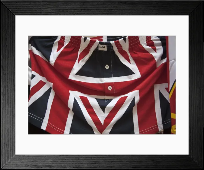 Framed Print : Union Jack boxer shorts, London, England Framed Print : Union Jack boxer shorts, London, England