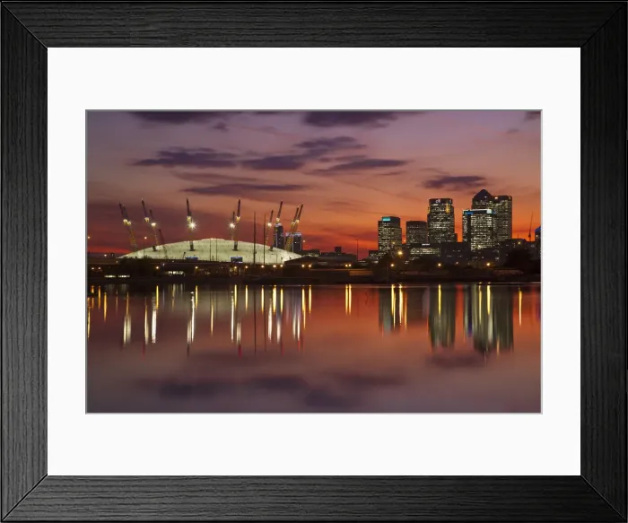 Framed Print : England, London, Newham, O2 Arena and Canary Wharf buildings reflecting in Royal Framed Print : England, London, Newham, O2 Arena and Canary Wharf buildings reflecting in Royal