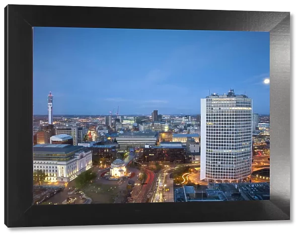 England, West Midlands, Birmingham, city skyline by moonllight