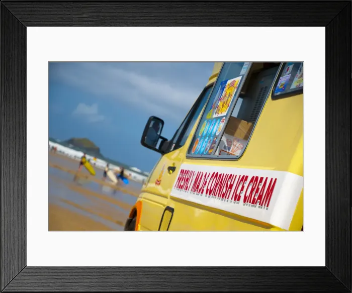 Framed Print : UK, England, Cornwall, Polzeath Beach, Ice Cream Van Framed Print : UK, England, Cornwall, Polzeath Beach, Ice Cream Van