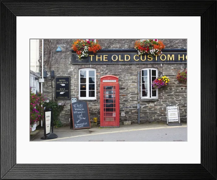 Framed Print : Telephone box outside pub, Padstow, Cornwall, England Framed Print : Telephone box outside pub, Padstow, Cornwall, England