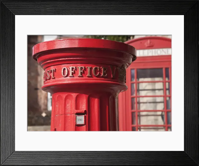Framed Print : England, Warwickshire, Warwick, Old red post box and telephone box Framed Print : England, Warwickshire, Warwick, Old red post box and telephone box