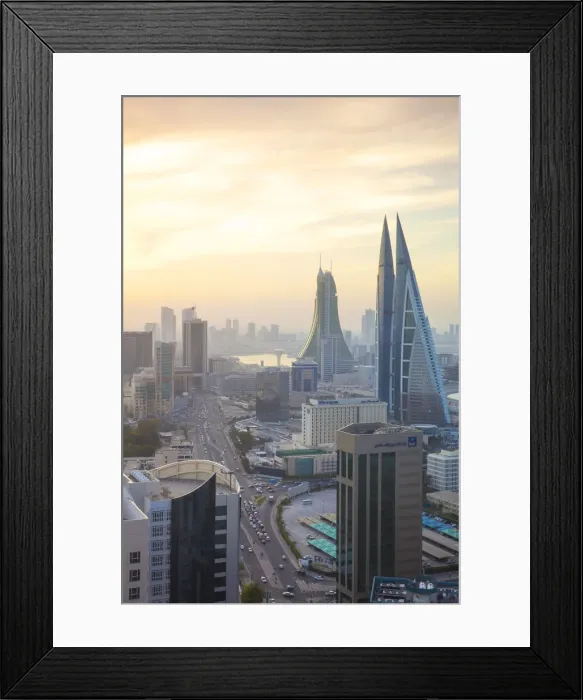 Framed Print : Bahrain, Manama, City center skyline looking towards Bahrain World Trade Center Framed Print : Bahrain, Manama, City center skyline looking towards Bahrain World Trade Center