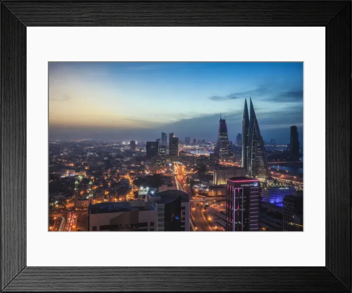 Framed Print : Bahrain, Manama, City center skyline looking towards Bahrain World Trade Center Framed Print : Bahrain, Manama, City center skyline looking towards Bahrain World Trade Center