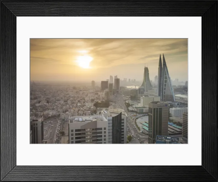 Framed Print : Bahrain, Manama, City center skyline looking towards Bahrain World Trade Center Framed Print : Bahrain, Manama, City center skyline looking towards Bahrain World Trade Center