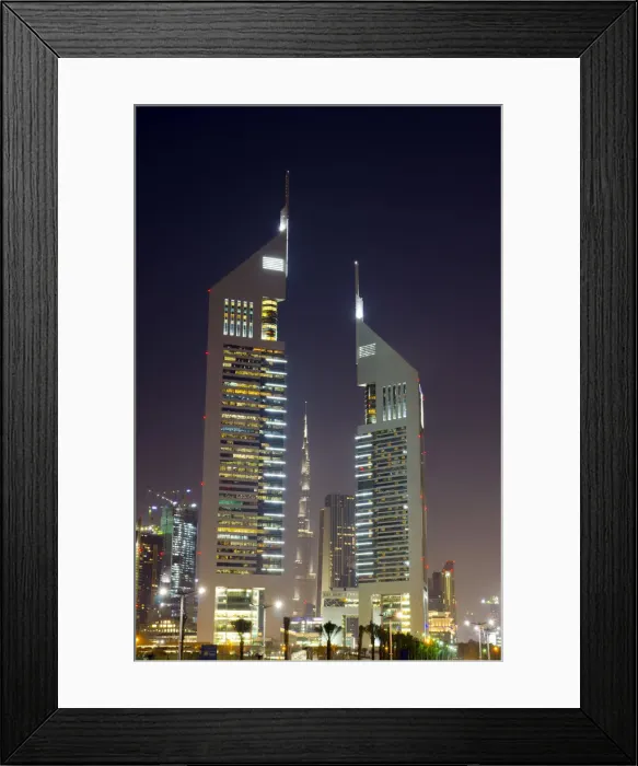 Framed Print : UAE, Dubai, Sheikh Zayed Road, Emirates Towers and Burj Khalifa beyond Framed Print : UAE, Dubai, Sheikh Zayed Road, Emirates Towers and Burj Khalifa beyond