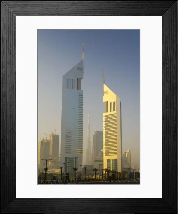 Framed Print : UAE, Dubai, Sheikh Zayed Road, Emirates Towers and Burj Khalifa beyond Framed Print : UAE, Dubai, Sheikh Zayed Road, Emirates Towers and Burj Khalifa beyond