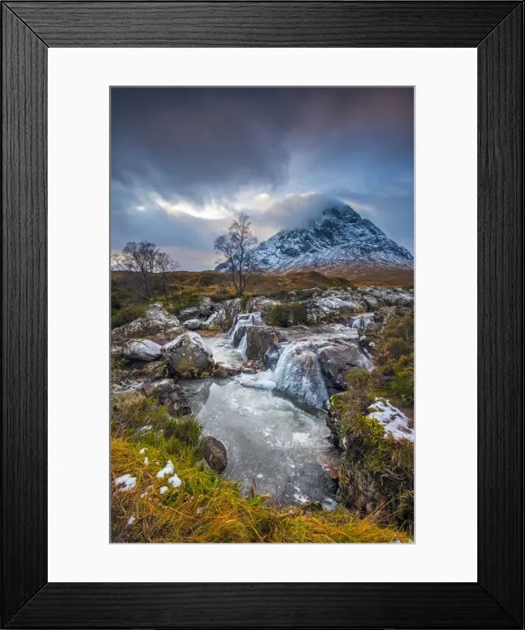 Framed Print : UK, Scotland, Highland, Glen Coe, River Coupall, Coupall Falls and Buachaille Etive Mor Framed Print : UK, Scotland, Highland, Glen Coe, River Coupall, Coupall Falls and Buachaille Etive Mor