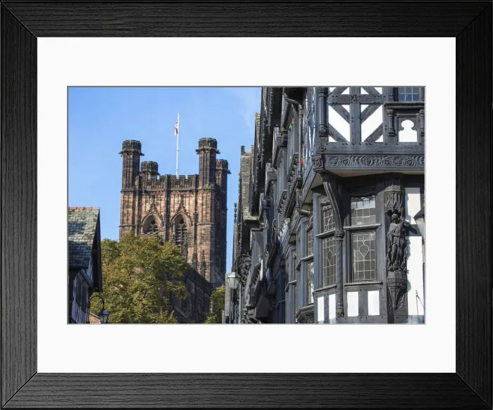 Framed Print : United Kingdom, England, Cheshire, Chester, Tudor buildings on Eastgate Street with Framed Print : United Kingdom, England, Cheshire, Chester, Tudor buildings on Eastgate Street with