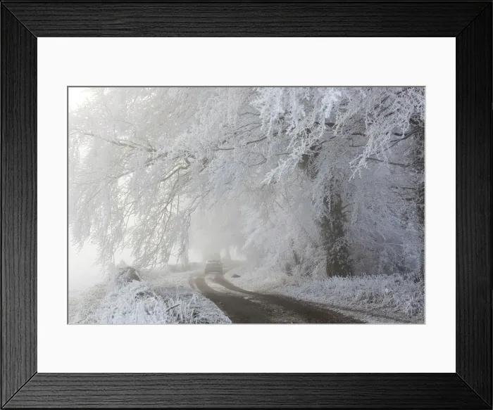 Framed Print : Car in country lane with frost covered trees, nr Wotton, Gloucestershire, UK Framed Print : Car in country lane with frost covered trees, nr Wotton, Gloucestershire, UK