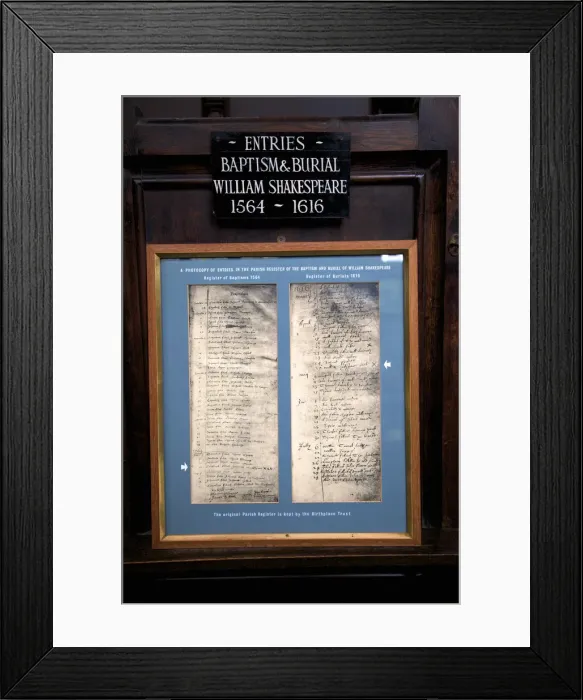 Framed Print : Entries in the Register of the Baptism and Burial of William Shakespeare, Holy Trinity Framed Print : Entries in the Register of the Baptism and Burial of William Shakespeare, Holy Trinity