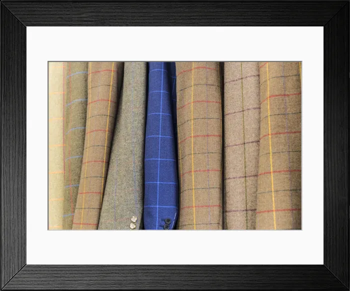 Framed Print : Tweed jackets on rail, UK Framed Print : Tweed jackets on rail, UK