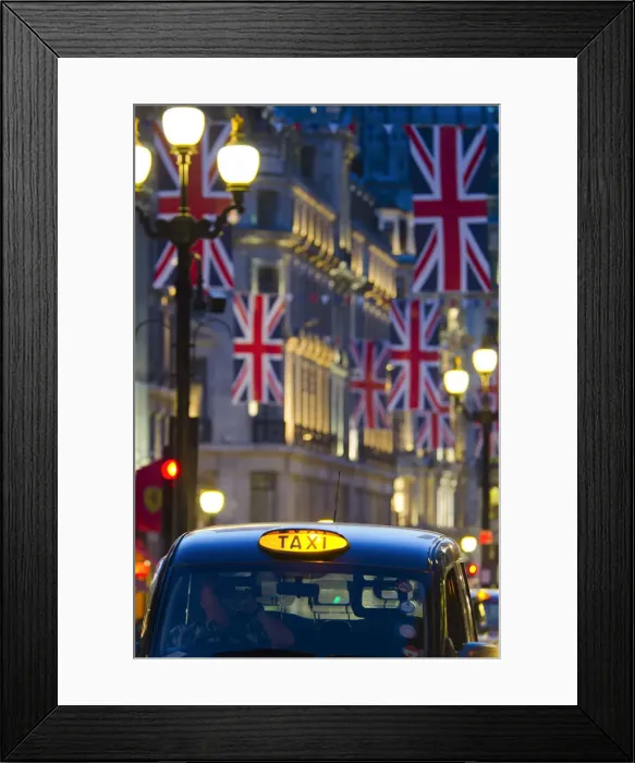 Framed Print : UK, England, London, Regent Street, Taxis and Union Jack Flags Framed Print : UK, England, London, Regent Street, Taxis and Union Jack Flags