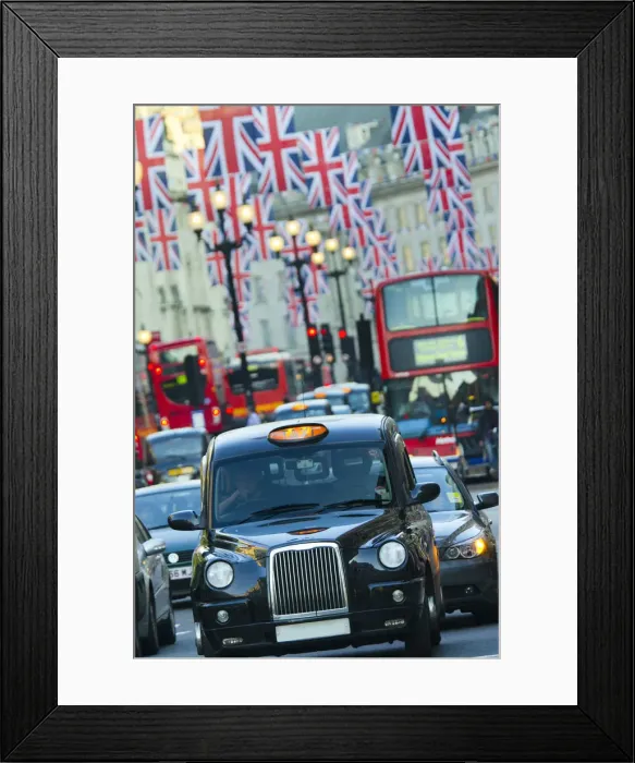 Framed Print : UK, England, London, Regent Street, Taxis and Union Jack Flags Framed Print : UK, England, London, Regent Street, Taxis and Union Jack Flags