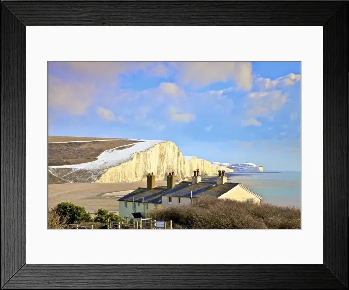 Framed Print : Snow On The Seven Sisters and Coastguard Cottages, Seaford Head, East Sussex, United Framed Print : Snow On The Seven Sisters and Coastguard Cottages, Seaford Head, East Sussex, United