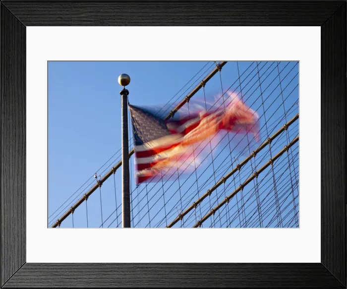 Framed Print : USA, New York, Manhattan, Brooklyn Brisge and Stars and Stripes flag Framed Print : USA, New York, Manhattan, Brooklyn Brisge and Stars and Stripes flag