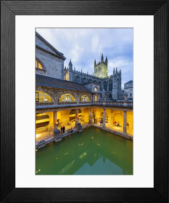 Framed Print : The Roman Baths and Bath Cathedral illuminated at dusk, Bath, Somerset, England Framed Print : The Roman Baths and Bath Cathedral illuminated at dusk, Bath, Somerset, England