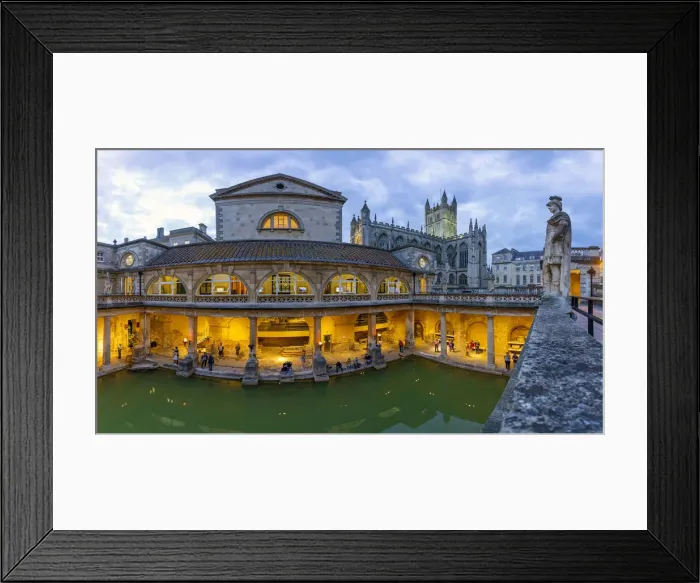 Framed Print : The Roman Baths and Bath Cathedral illuminated at dusk, Bath, Somerset, England Framed Print : The Roman Baths and Bath Cathedral illuminated at dusk, Bath, Somerset, England