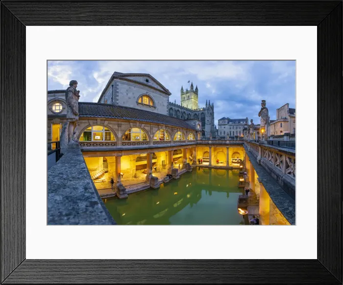 Framed Print : The Roman Baths and Bath Cathedral illuminated at dusk, Bath, Somerset, England Framed Print : The Roman Baths and Bath Cathedral illuminated at dusk, Bath, Somerset, England