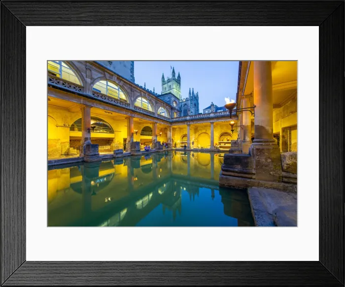 Framed Print : The Roman Baths and Bath Cathedral illuminated at dusk, Bath, Somerset, England Framed Print : The Roman Baths and Bath Cathedral illuminated at dusk, Bath, Somerset, England