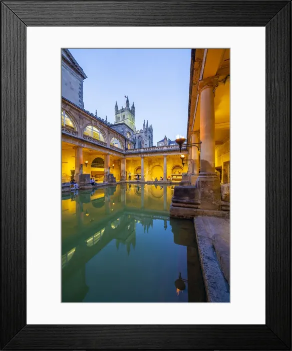 Framed Print : The Roman Baths and Bath Cathedral illuminated at dusk, Bath, Somerset, England Framed Print : The Roman Baths and Bath Cathedral illuminated at dusk, Bath, Somerset, England