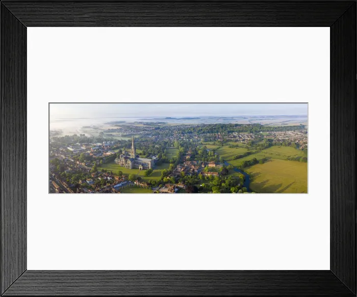 Framed Print : Aerial view over Salisbury and Salisbury Cathedral on a misty summer morning, Salisbury Framed Print : Aerial view over Salisbury and Salisbury Cathedral on a misty summer morning, Salisbury
