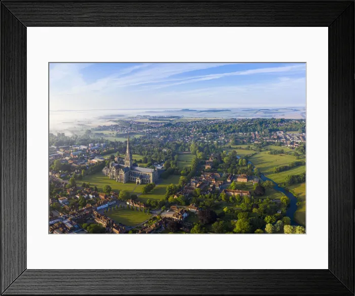 Framed Print : Aerial view over Salisbury and Salisbury Cathedral on a misty summer morning, Salisbury Framed Print : Aerial view over Salisbury and Salisbury Cathedral on a misty summer morning, Salisbury