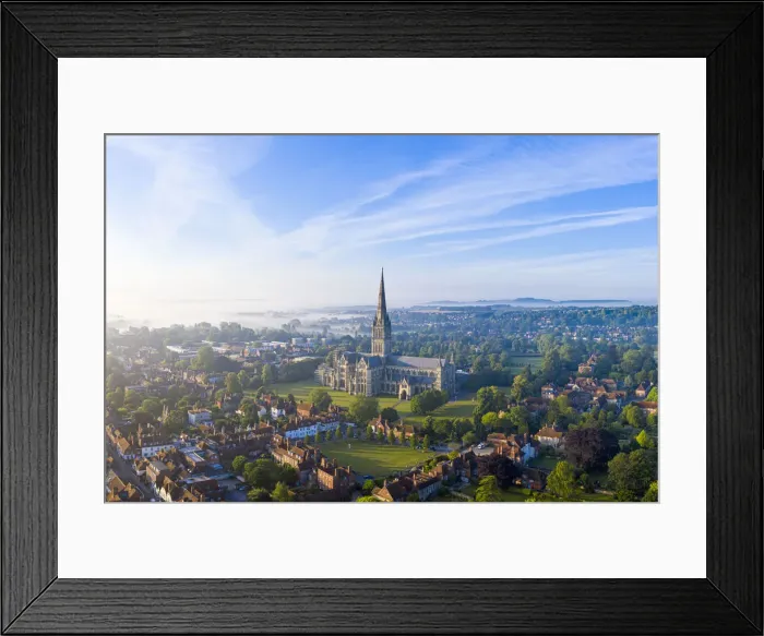 Framed Print : Aerial view over Salisbury and Salisbury Cathedral on a misty summer morning, Salisbury