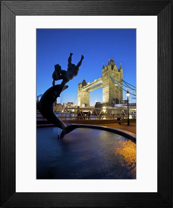 Framed Print : Girl and Dolphin and Tower Bridge, London, England Framed Print : Girl and Dolphin and Tower Bridge, London, England