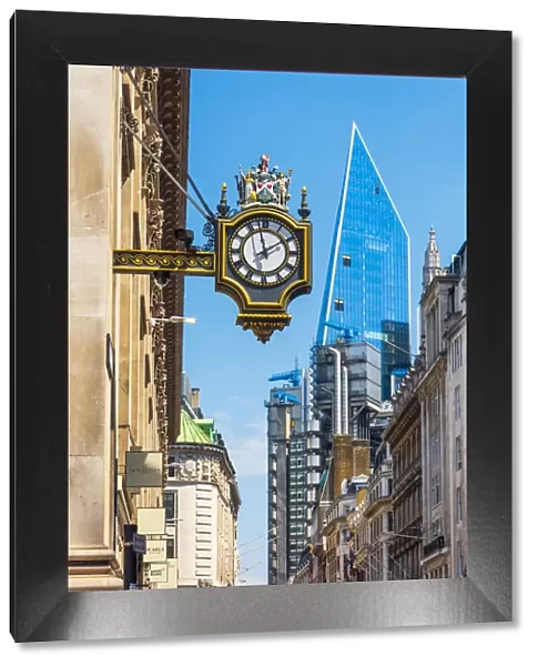 UK, England, London, City of London, Cornhill, Royal Exchange Clock with Lloyds of London