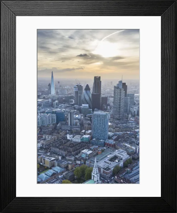 Framed Print : Aerial view from helicopter, City of London, and the Shard, London, England Framed Print : Aerial view from helicopter, City of London, and the Shard, London, England