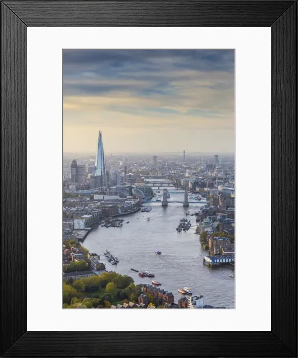 Framed Print : Aerial view from helicopter, The Shard, River Thames and the City of London, London Framed Print : Aerial view from helicopter, The Shard, River Thames and the City of London, London