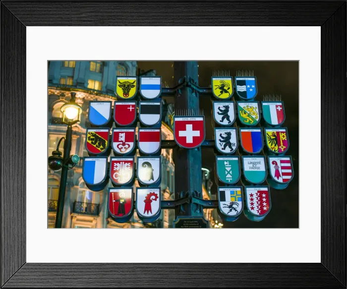 Framed Print : England, London, Soho, Leicester Square, Swiss canton shields Framed Print : England, London, Soho, Leicester Square, Swiss canton shields