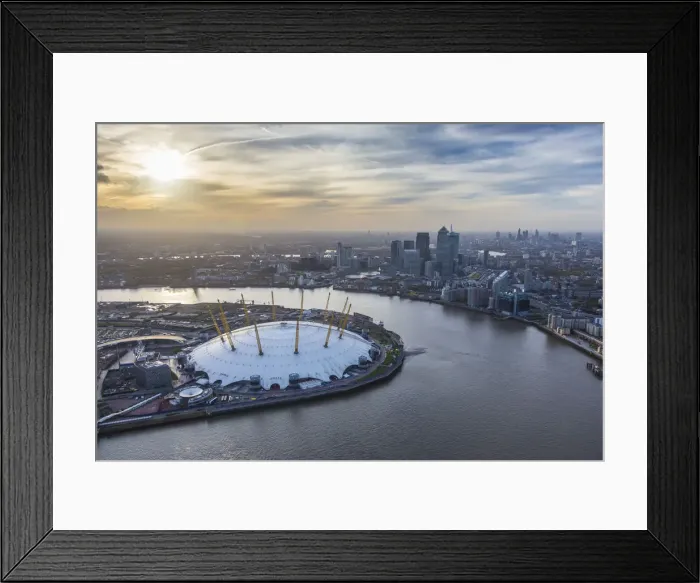 Framed Print : Aerial view from helicopter, Canary Wharf & O2 Arena, London, England Framed Print : Aerial view from helicopter, Canary Wharf & O2 Arena, London, England