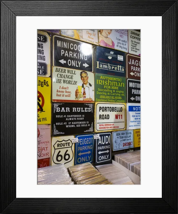 Framed Print : England, London, Camden, Camden Market, antique enamel signs Framed Print : England, London, Camden, Camden Market, antique enamel signs