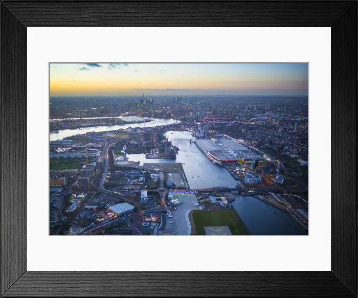 Framed Print : Aerial view over London Excel and Royal Victoria Dock, London, England Framed Print : Aerial view over London Excel and Royal Victoria Dock, London, England