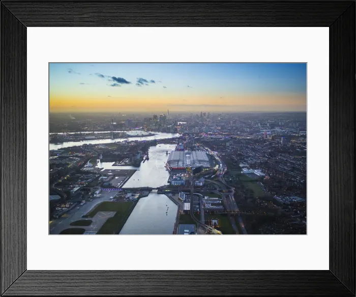 Framed Print : Aerial view over London Excel and Royal Victoria Dock, London, England