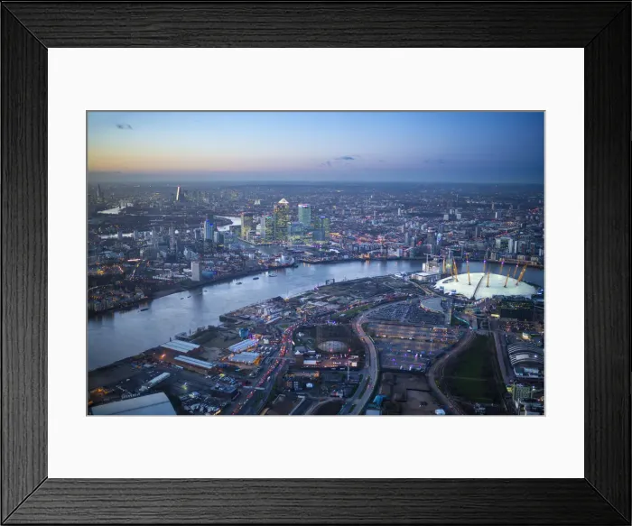Framed Print : Aerial view over O2 arena, Isle of Dogs and Canary Wharf, London, England Framed Print : Aerial view over O2 arena, Isle of Dogs and Canary Wharf, London, England