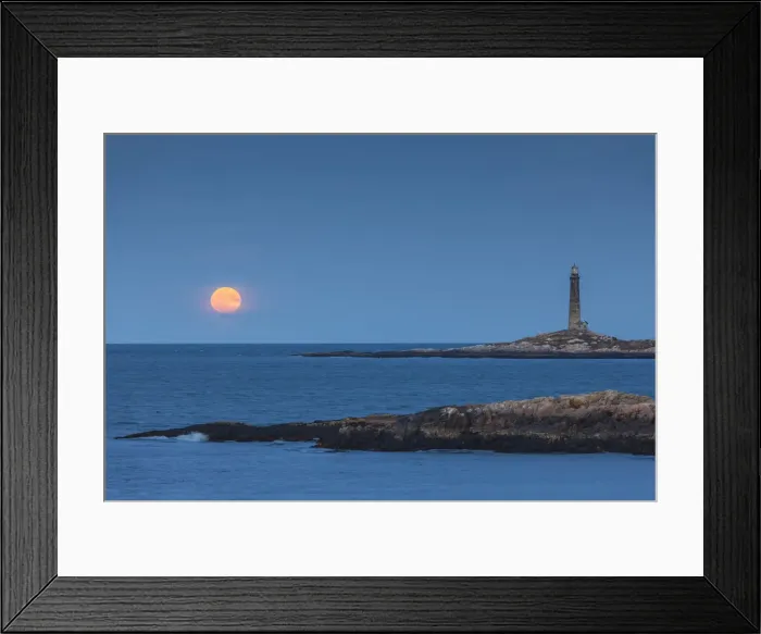 Framed Print : USA, Cape Ann, Rockport, Thatcher Island North Lighthouse, with moonrise, dusk Framed Print : USA, Cape Ann, Rockport, Thatcher Island North Lighthouse, with moonrise, dusk