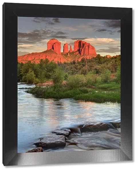 USA, Arizona, Sedona, Cathedral Rock glowing at sunset