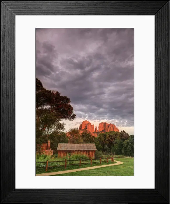 Framed Print : USA, Arizona, Sedona, Cathedral Rock and small old barn