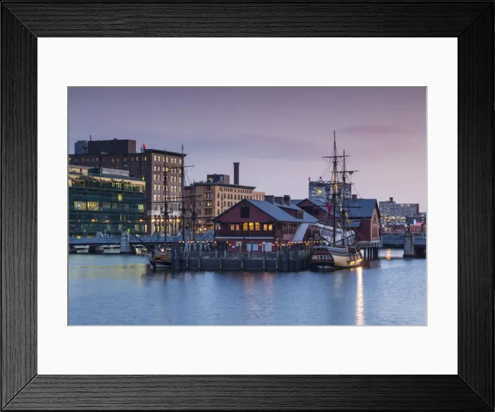 Framed Print : USA, Massachusetts, Boston, Boston Tea Party Museum, Fort Point Channel, dusk Framed Print : USA, Massachusetts, Boston, Boston Tea Party Museum, Fort Point Channel, dusk
