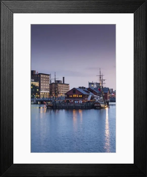 Framed Print : USA, Massachusetts, Boston, Boston Tea Party Museum, Fort Point Channel, dusk Framed Print : USA, Massachusetts, Boston, Boston Tea Party Museum, Fort Point Channel, dusk