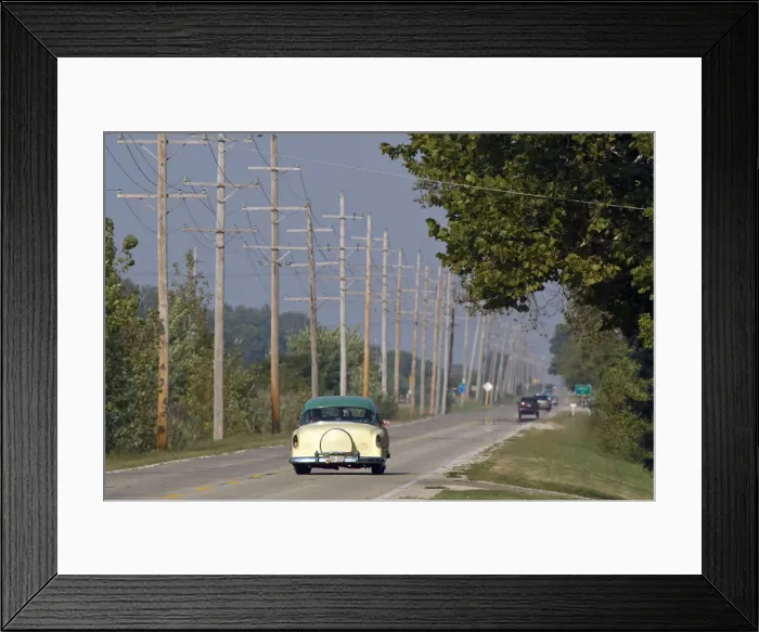 Framed Print : USA, Illinois, Route 66 at Godley, 1950s car Framed Print : USA, Illinois, Route 66 at Godley, 1950s car