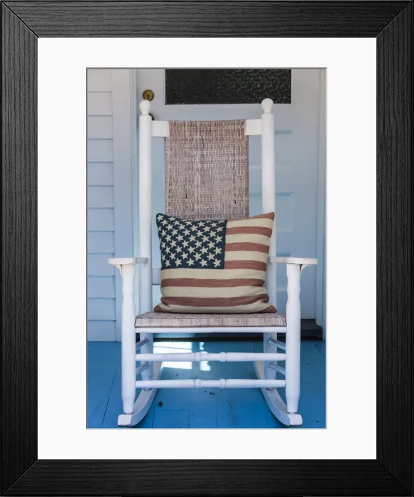 Framed Print : USA, Massachusetts, Cape Cod, Provincetown, The West End, rocking chair with US flag Framed Print : USA, Massachusetts, Cape Cod, Provincetown, The West End, rocking chair with US flag