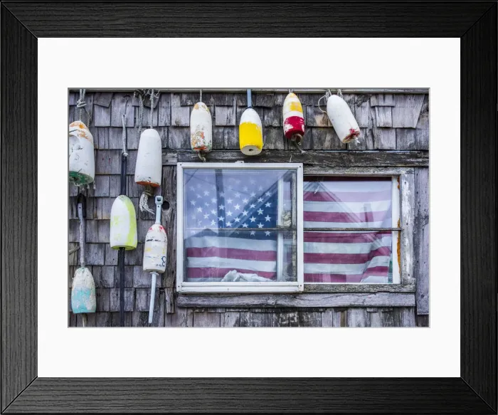 Framed Print : USA, Massachusetts, Cape Ann, Rockport, lobster buoys and US flag Framed Print : USA, Massachusetts, Cape Ann, Rockport, lobster buoys and US flag