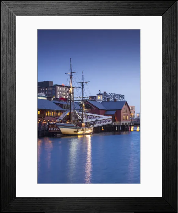 Framed Print : USA, Massachusetts, Boston, Boston Tea Party Museum, Fort Point Channel, dusk Framed Print : USA, Massachusetts, Boston, Boston Tea Party Museum, Fort Point Channel, dusk