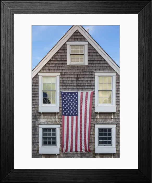 Framed Print : USA, Massachusetts, Cape Cod, Provincetown, The West End, house with US flag Framed Print : USA, Massachusetts, Cape Cod, Provincetown, The West End, house with US flag