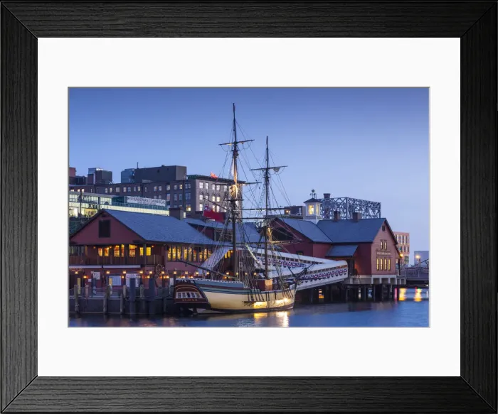 Framed Print : USA, Massachusetts, Boston, Boston Tea Party Museum, Fort Point Channel, dusk Framed Print : USA, Massachusetts, Boston, Boston Tea Party Museum, Fort Point Channel, dusk